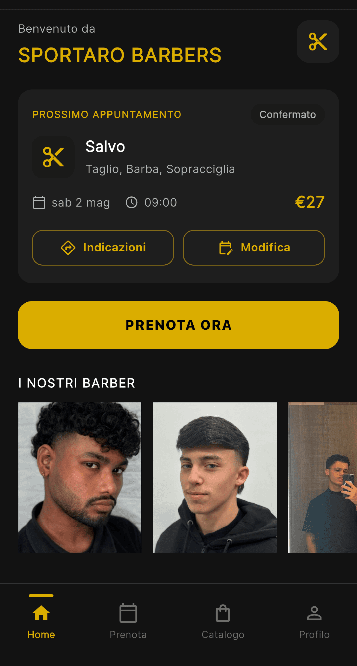 App mobile DL Salon: home, prossimo appuntamento e prenotazione