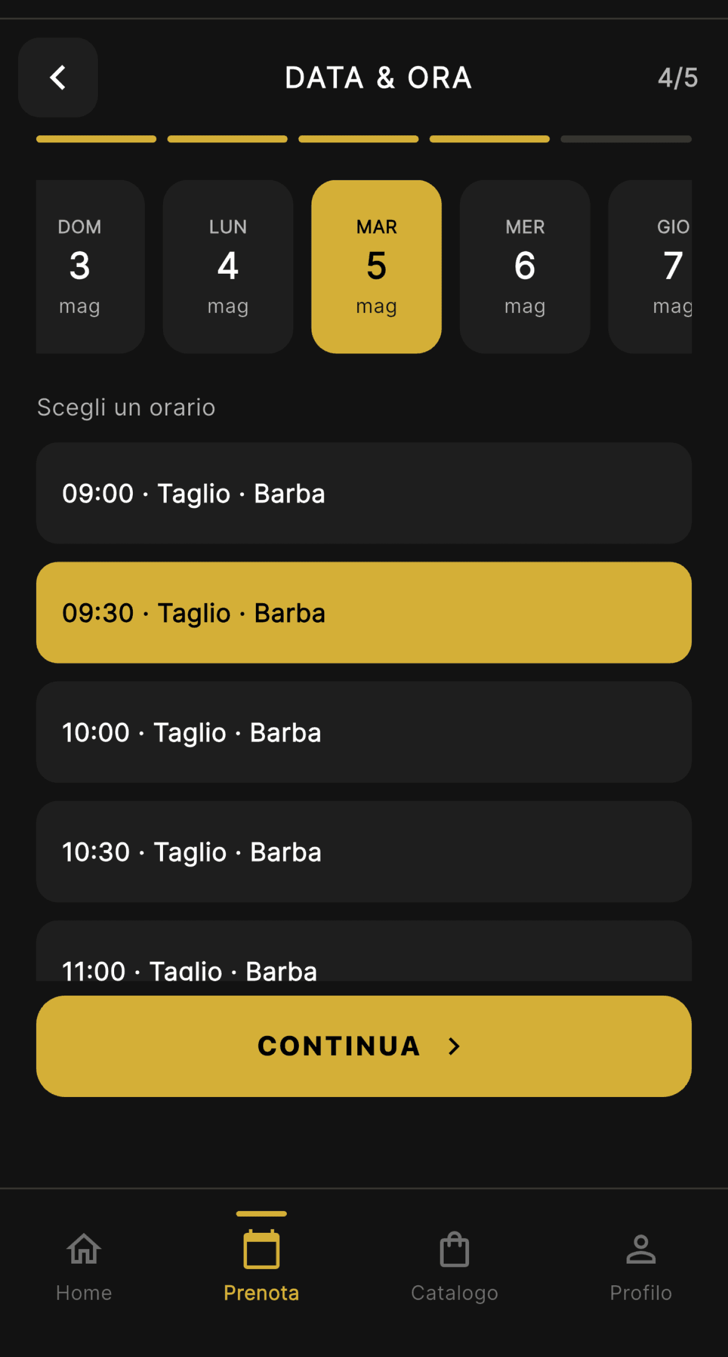 App mobile DL Salon: selezione data e ora